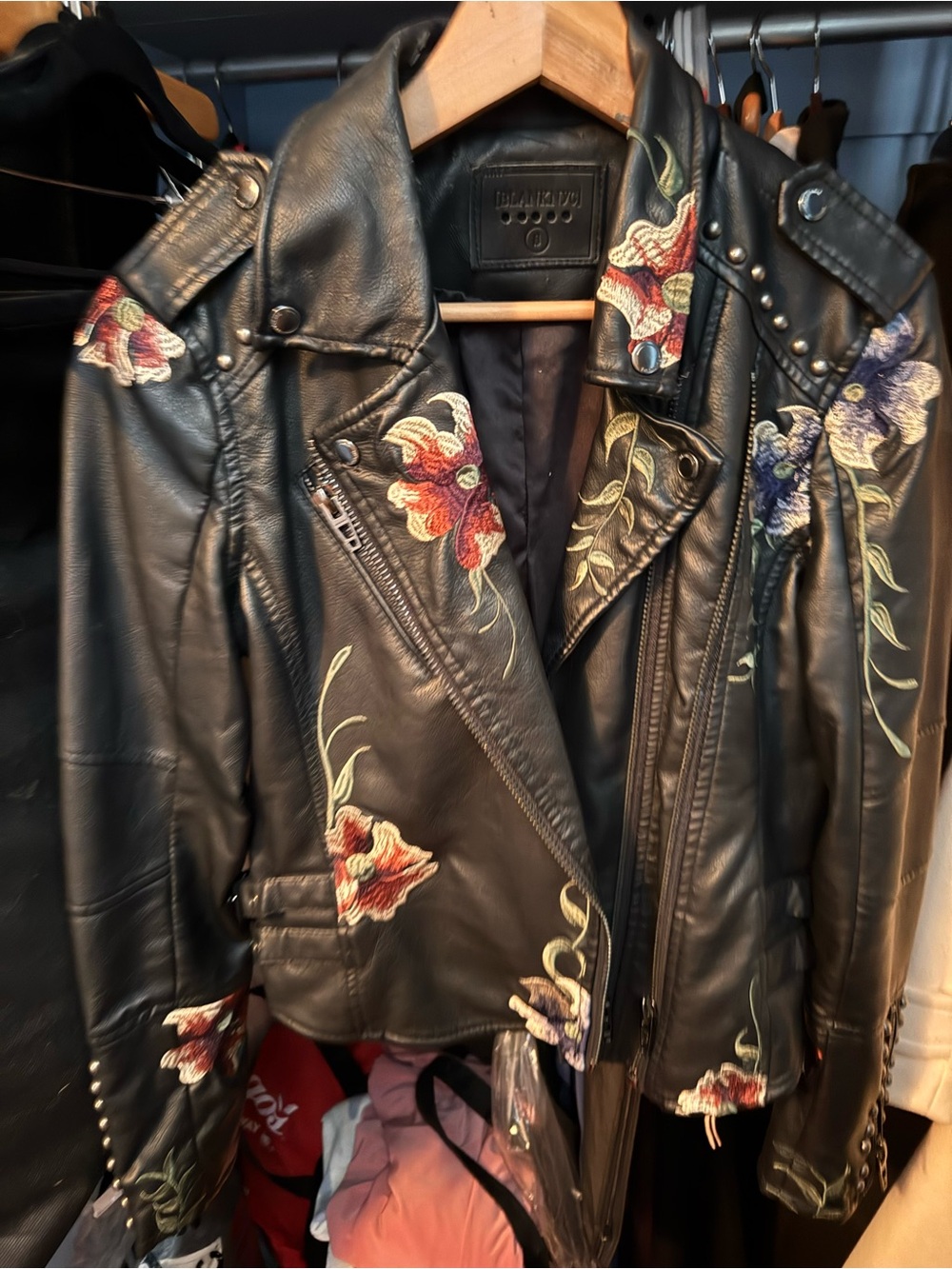Blank NYC Black Leather Moto Jacket with Red & Purple Floral Embroidery